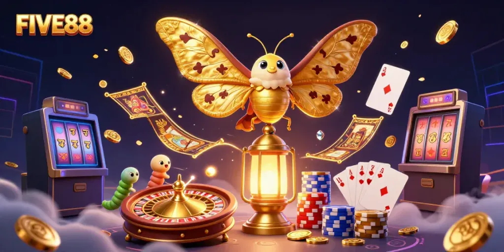 Experience the excitement of FIVE88 with captivating casino elements and a vibrant atmosphere.