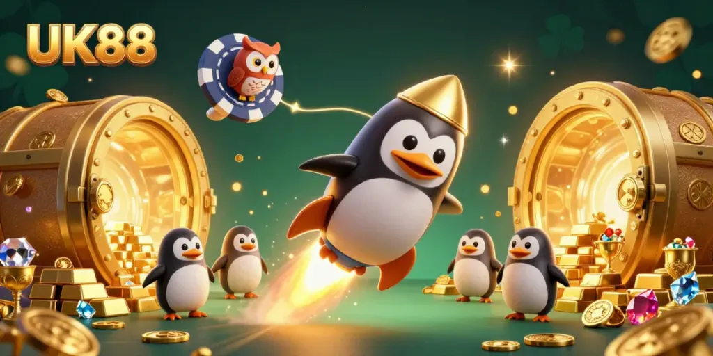 Experience the excitement of UK88 with a golden penguin soaring toward a poker chip casino in space, surrounded by treasure.