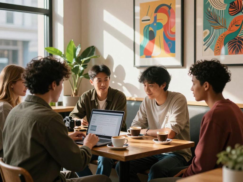 Friends discussing nsfw content casually over coffee in a cozy urban cafe.