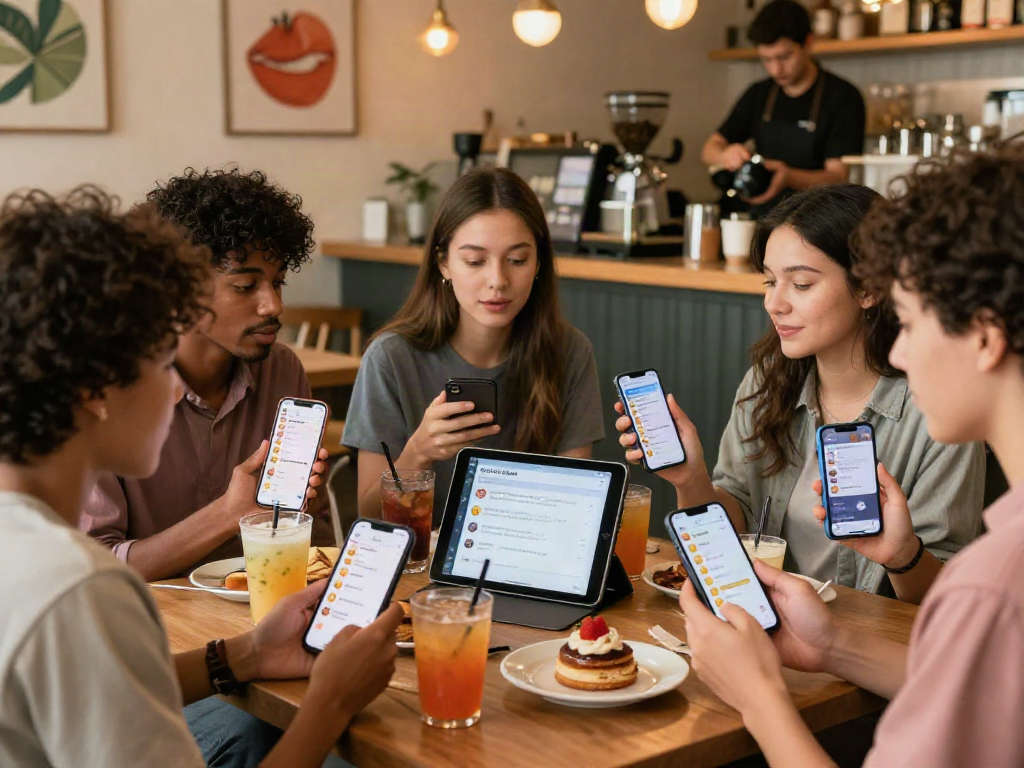 Group of friends using spicychat app in a cozy café, engaging in lively discussions.