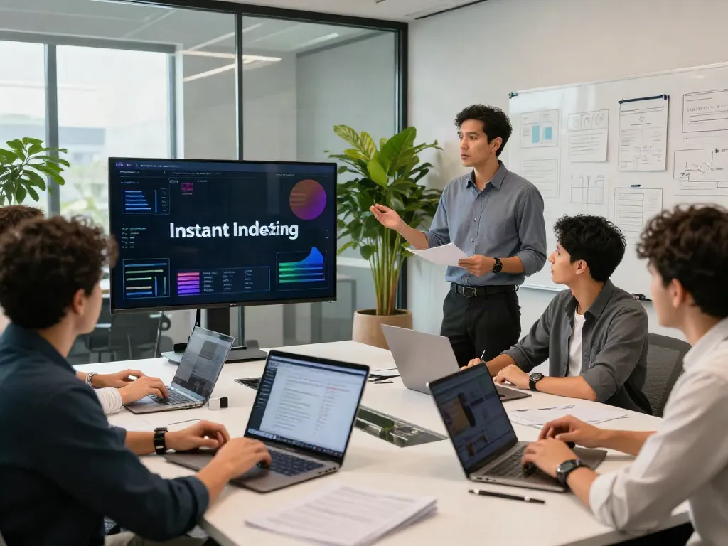Digital marketing team discussing strategies for instant indexing in a modern office.