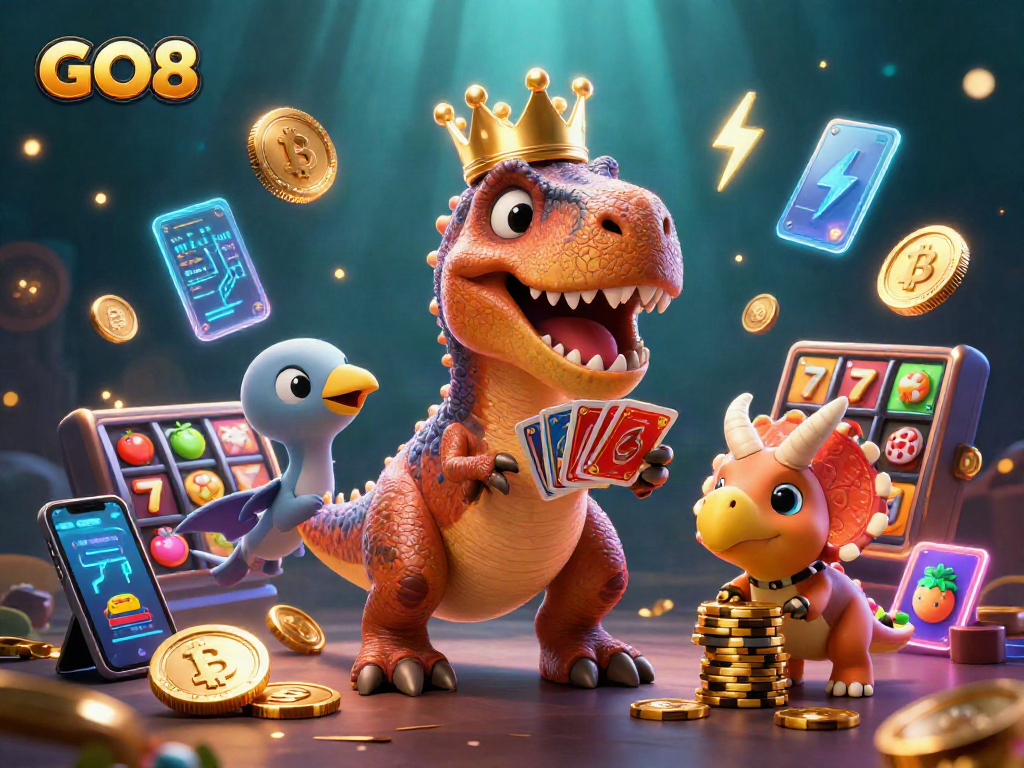Engage with GO8's vibrant casino world featuring a fun T-Rex, pterodactyl, and triceratops in playful action.