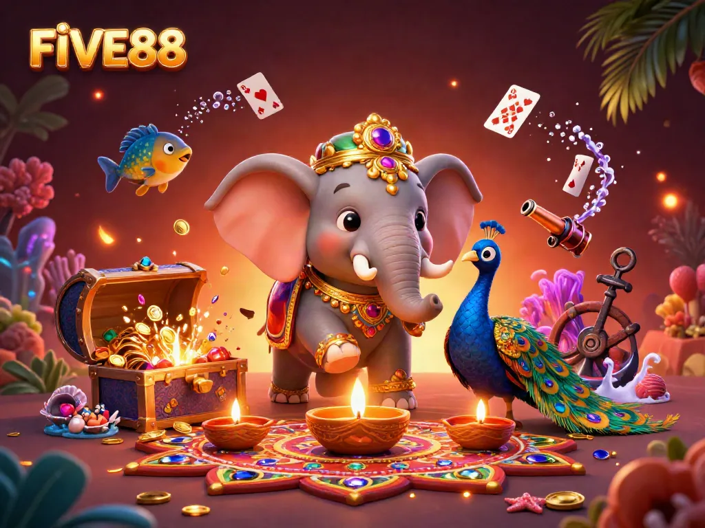 Experience the excitement of FIVE88 with vibrant casino elements, engaging characters, and thrilling treasures.