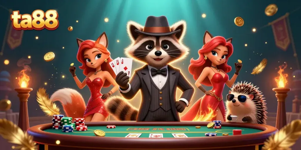 Experience the excitement of ta88 with a royal flush poker hand, vibrant characters, and casino elements.