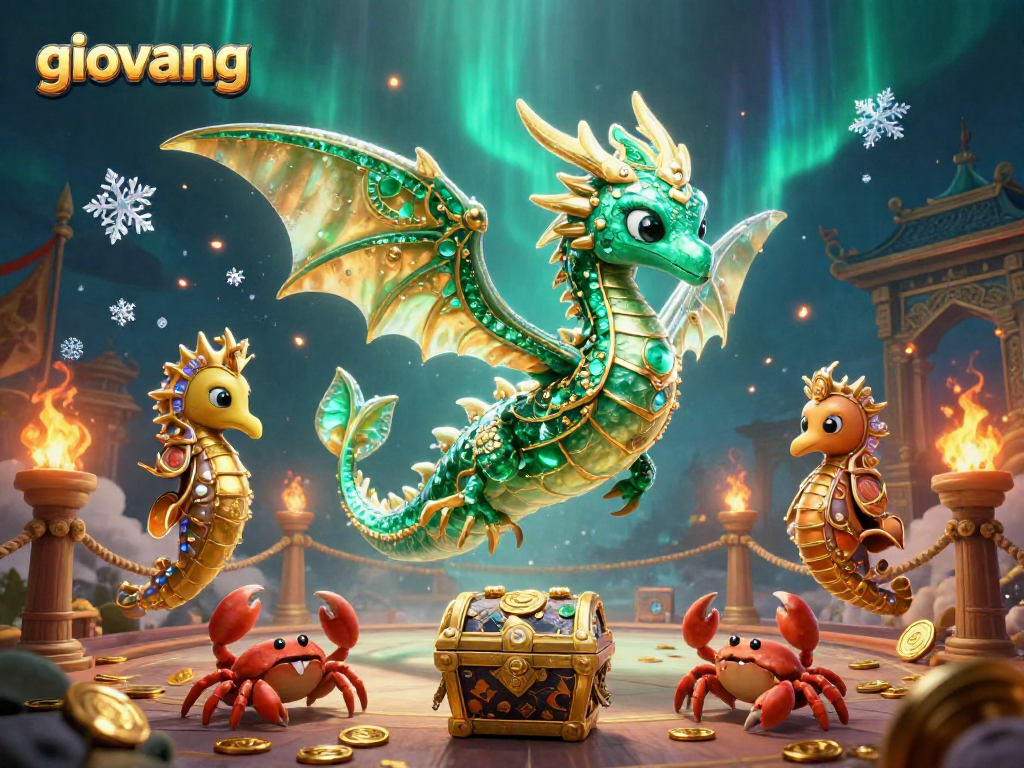 Engage with giovang's gaming excitement, featuring colorful dragon and treasure in a dynamic casino illustration.