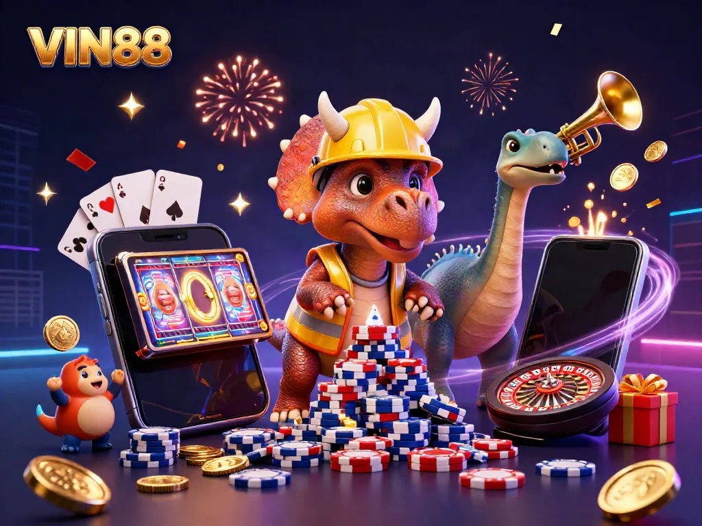 Celebrate wins with VIN88 in vibrant 3D casino scene filled with games and excitement.