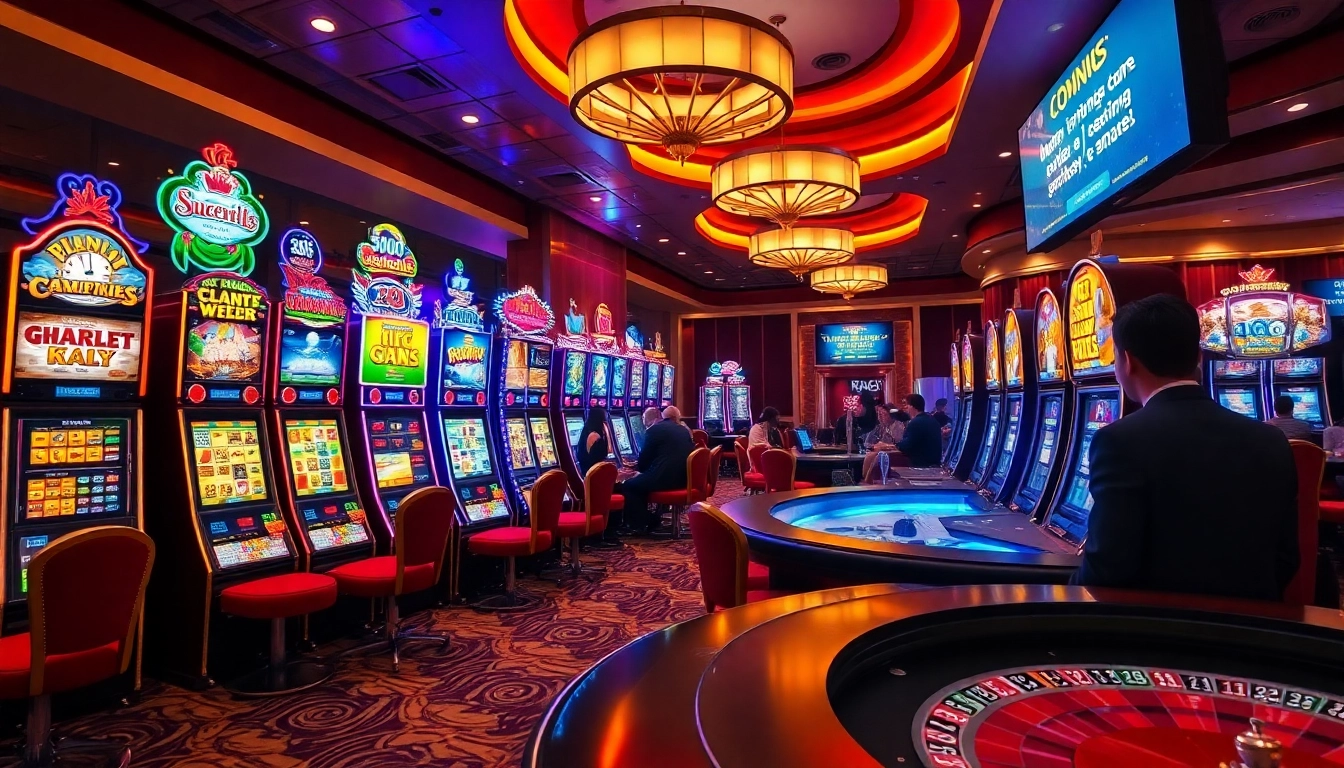 Engaging players at situs bonus new member inside a vibrant casino with colorful slot machines and a roulette wheel.