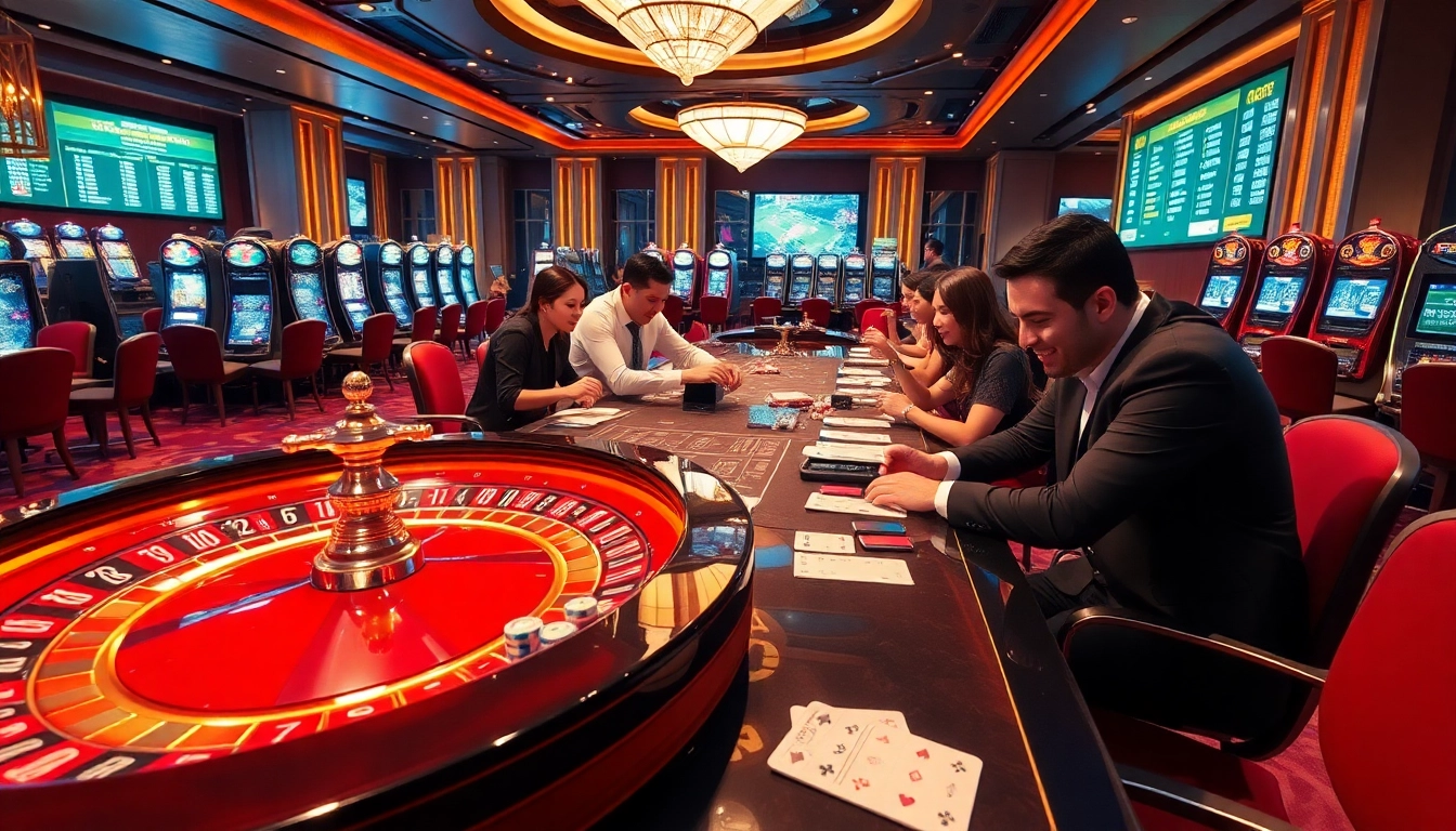 A high-stakes gaming table at tg88 casino filled with excited players, colorful chips, and a shining roulette wheel.