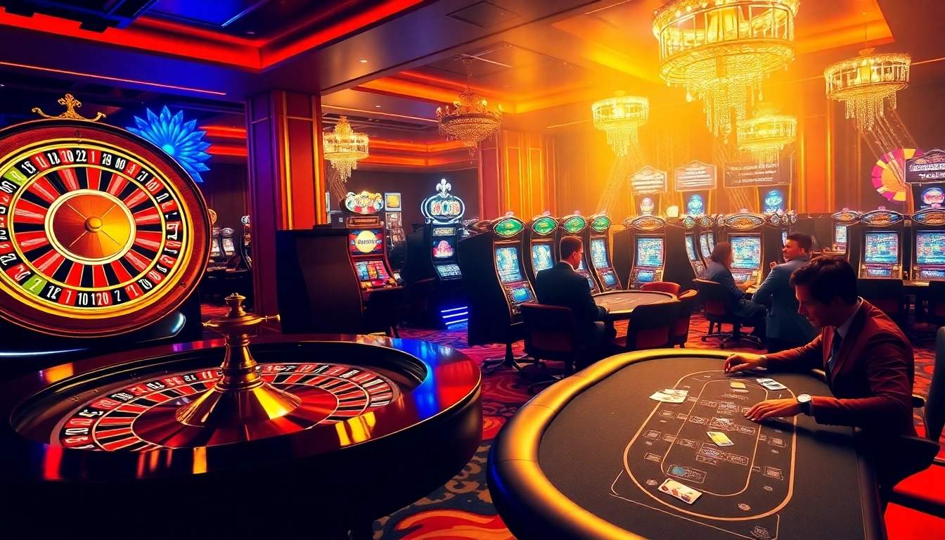Engaged players enjoying luxury gaming at dom88.us.com, with roulette and slot machines featured.
