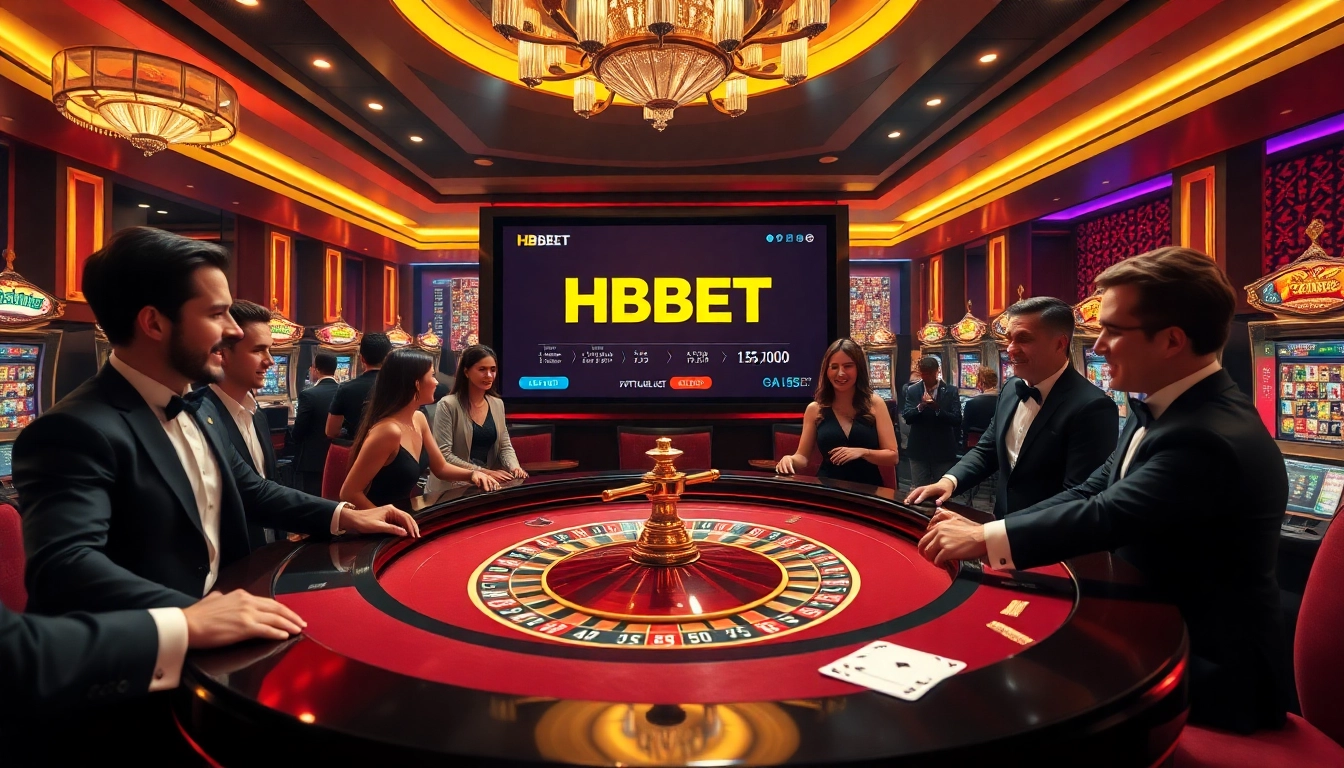 HBBET casino atmosphere with excited players at a luxurious roulette table.