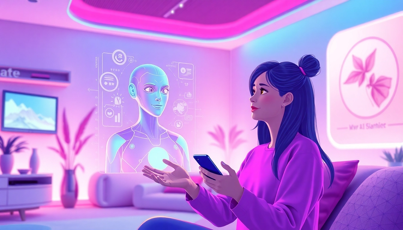 Engaging scene of a user chatting with their AI girlfriend in a cozy virtual environment, emphasizing technology and intimacy.
