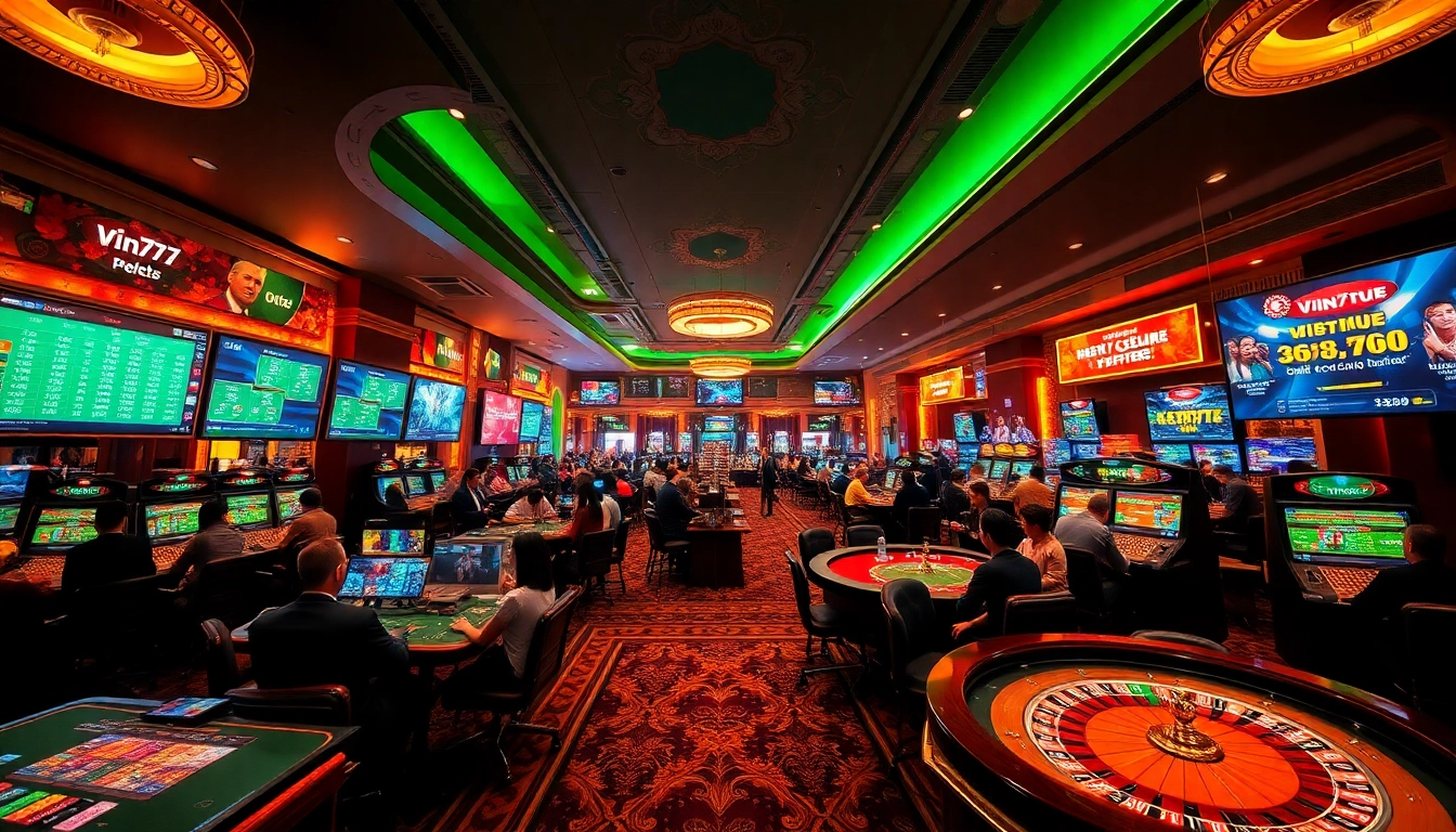 Exciting scene at Vin777.gb.net showcasing diverse online betting options in a vibrant casino atmosphere.