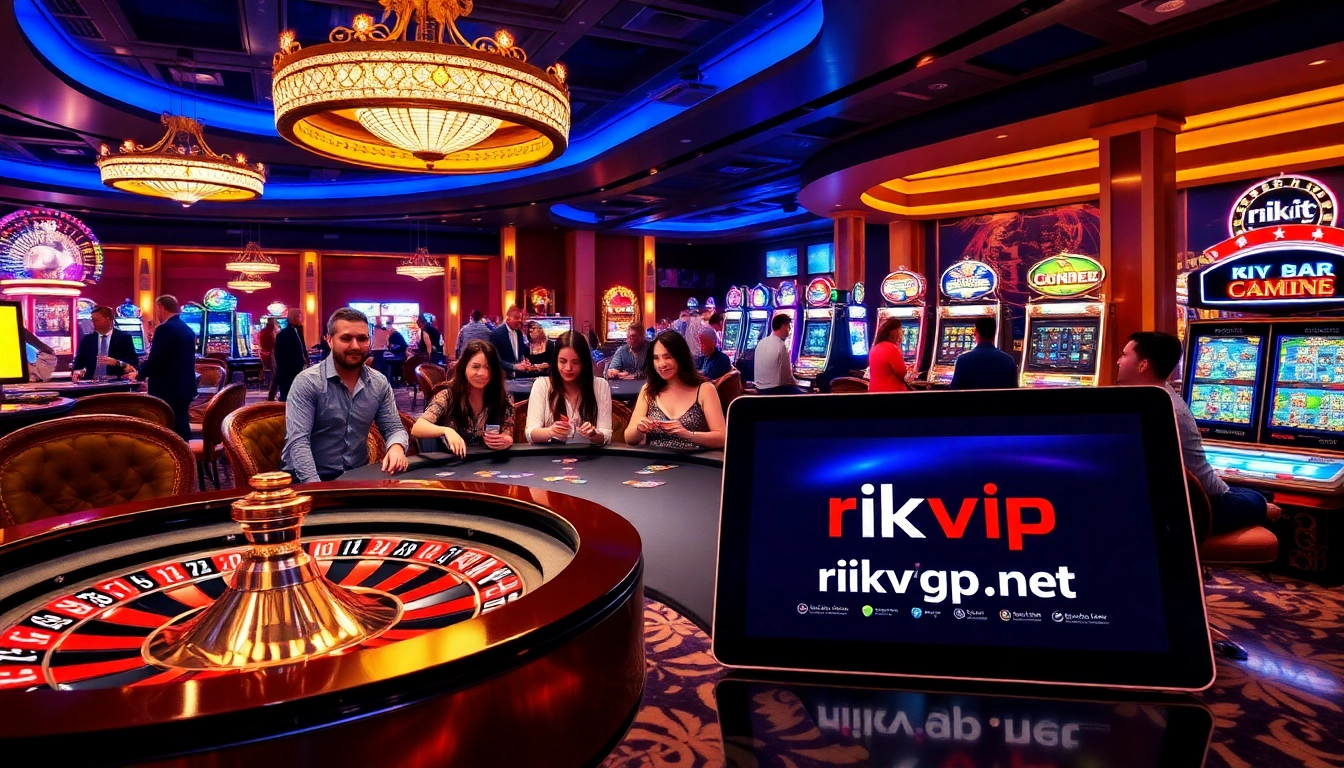 Engage in exciting gameplay at rikvip.gb.net with vibrant casino visuals showcasing roulette, poker, and online gaming.