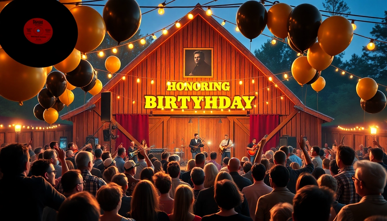 Celebration event at johnnycashbirthday.com featuring live music, fans, and festive decorations.