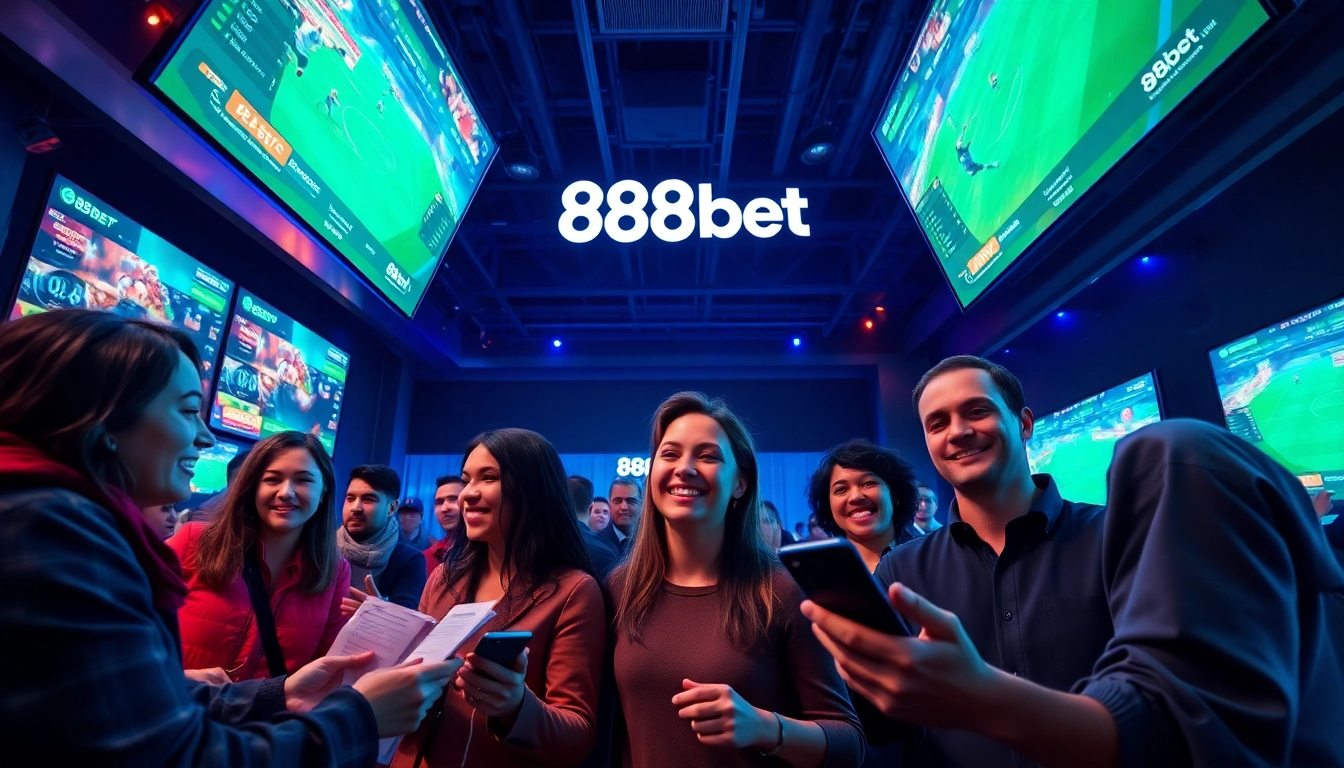 Engaged players enjoying sports betting at 888b.bet in a modern, vibrant setting.