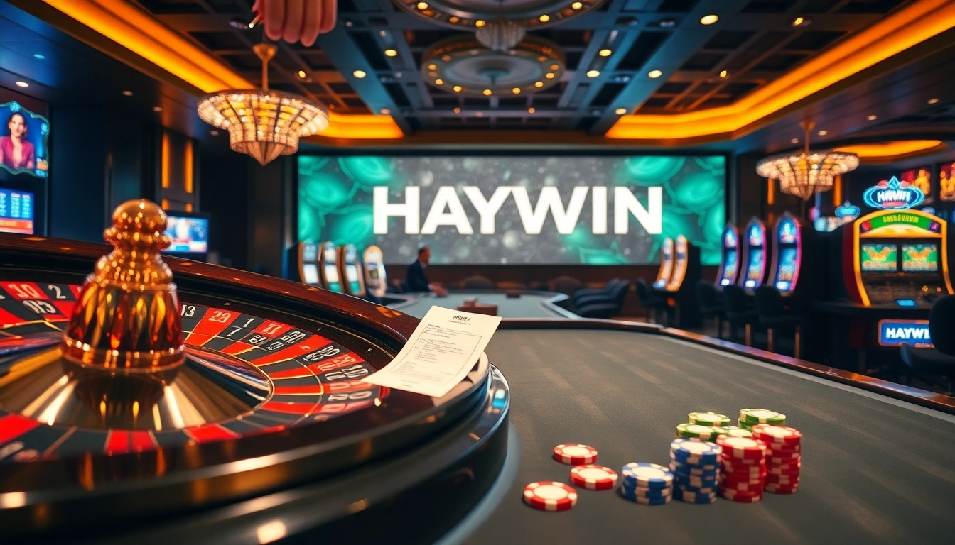 HAYWIN logo adorned at a luxurious casino scene with poker tables and roulette wheels.