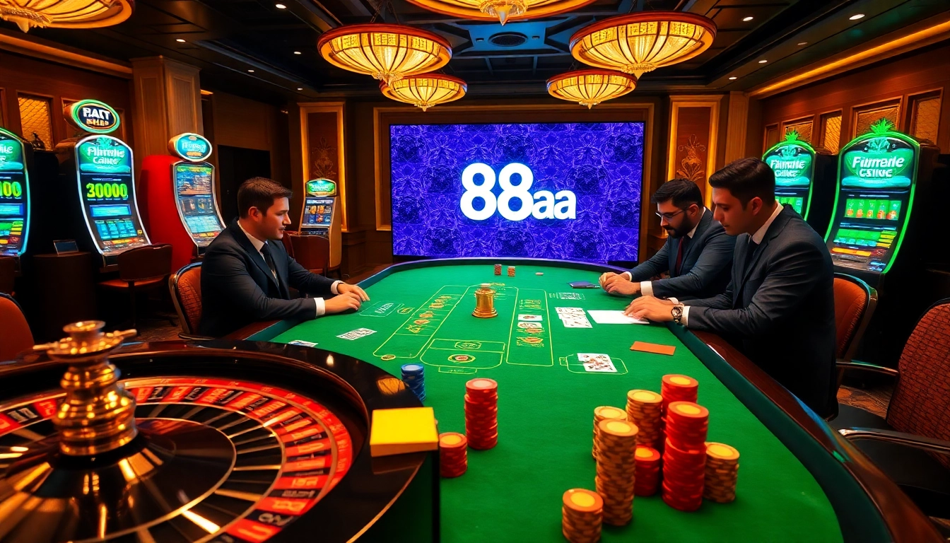 Engaged players at 88aa poker table, highlighting excitement and luxury in a casino atmosphere.