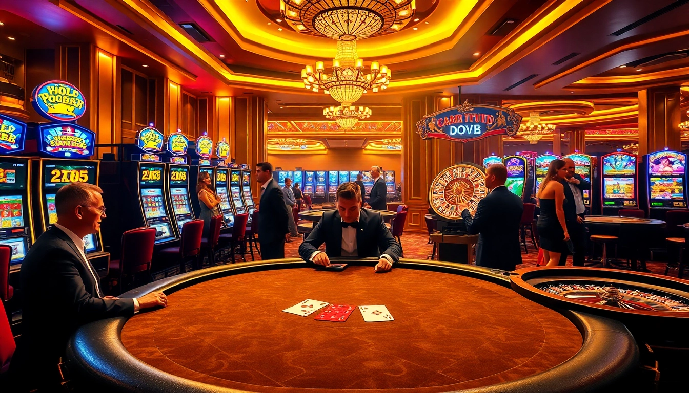 du88 casino scene featuring high-stakes poker, vibrant slot machines, and roulette wheel ambiance.