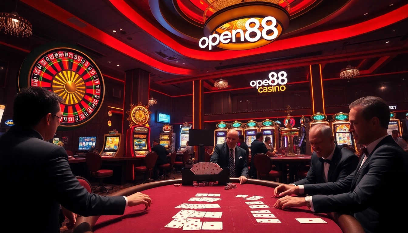 Experience the thrilling atmosphere at open88 casino with players enjoying poker and vibrant slot machines.