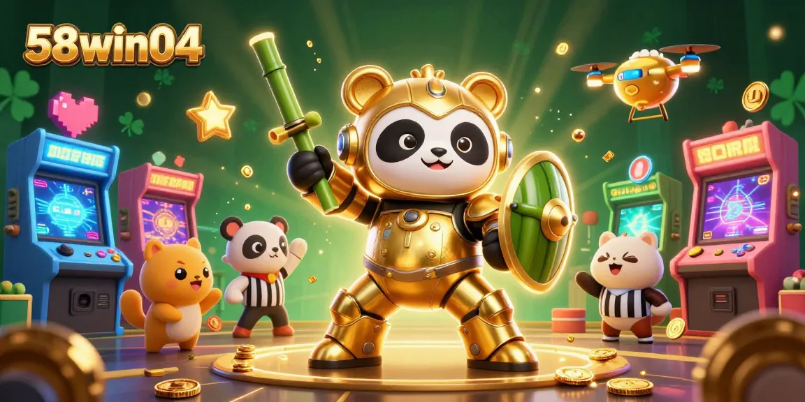 Engage in thrilling gameplay at 58win04 with a vibrant casino arena featuring a golden panda in a mech-suit.