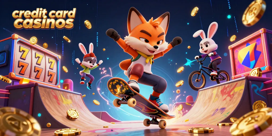 Engaging scene showcasing credit card casinos with a skateboarder fox and rabbit alongside vibrant slot game elements.