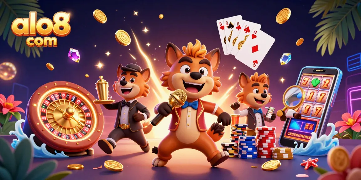 Experience the excitement of gaming at alo8 com with cartoon hyenas in a vibrant casino scene.