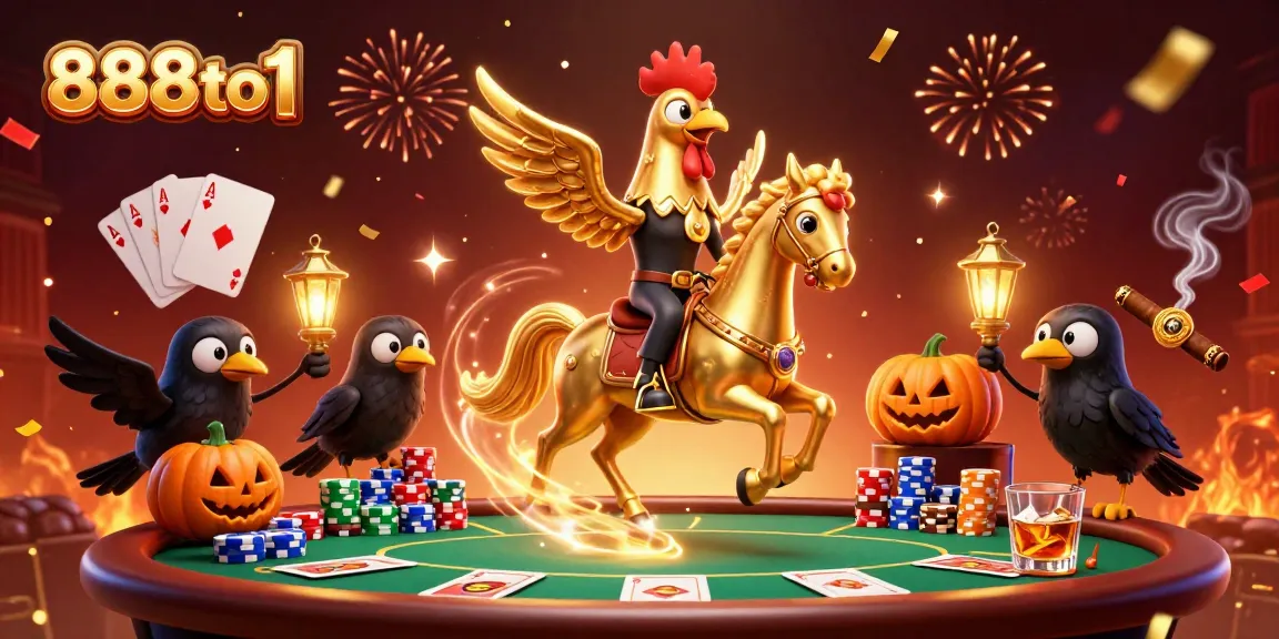 Experience thrilling gameplay at 888to1 with a vivid casino scene featuring golden roosters and poker action.