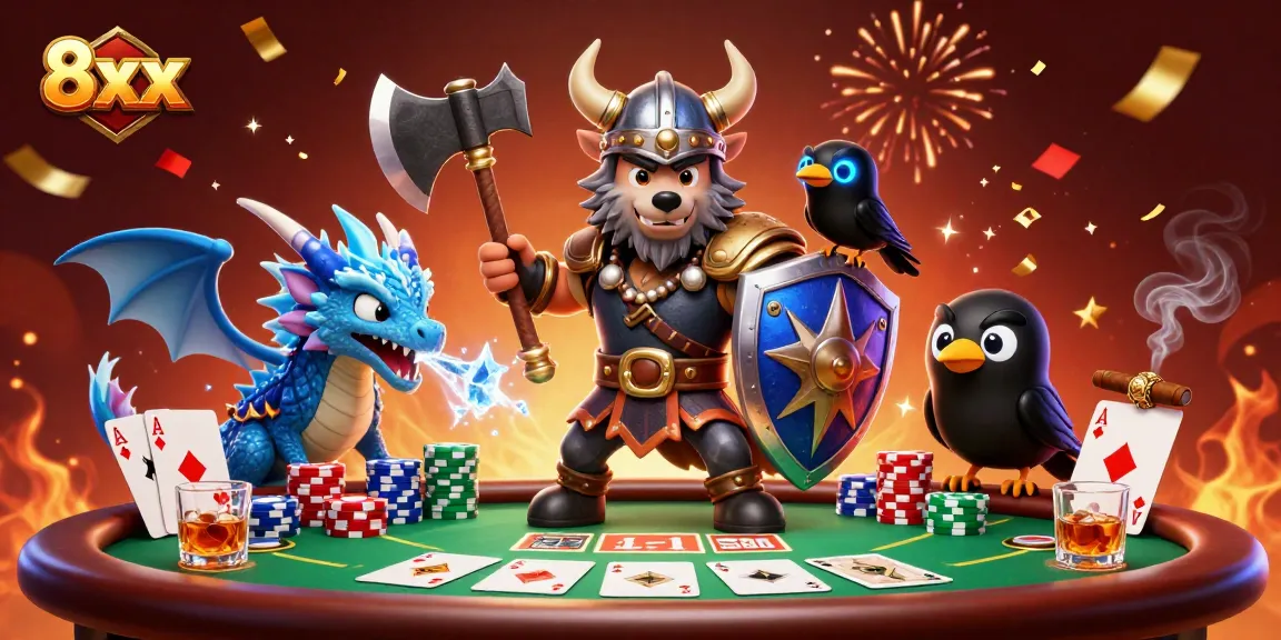 Experience thrilling poker action with 8xx's vibrant scene featuring brave characters and rich casino elements.