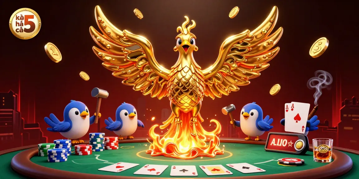 Experience kèo nhà cái 5 as golden coins shower from a molten phoenix amid a bustling poker scene.