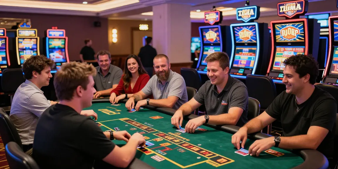 Exciting scene at cocomaya.co.uk featuring players engaged in live dealer games and vibrant slot machines in a lively casino atmosphere.