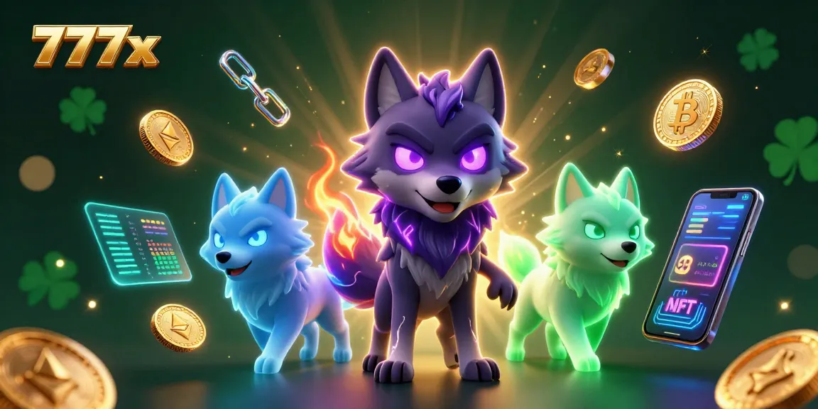 Engage in thrilling gameplay at 777x with an exciting 3D casino-themed illustration featuring mystical wolves and vibrant crypto elements.