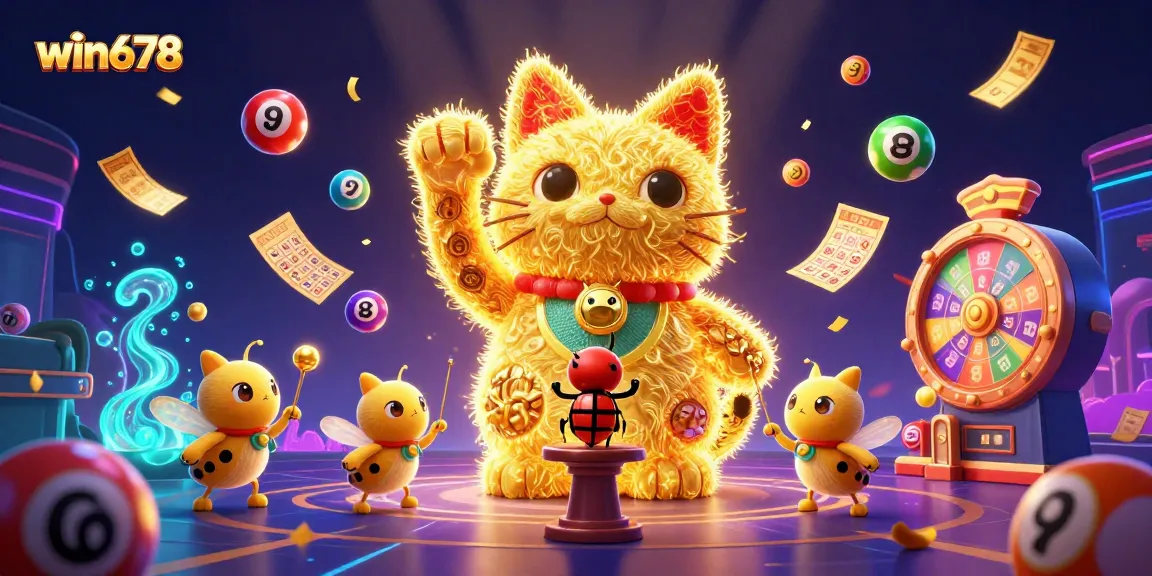 Engage in thrilling gameplay at win678 with a lively illustration of a golden lucky cat amidst colorful casino elements.