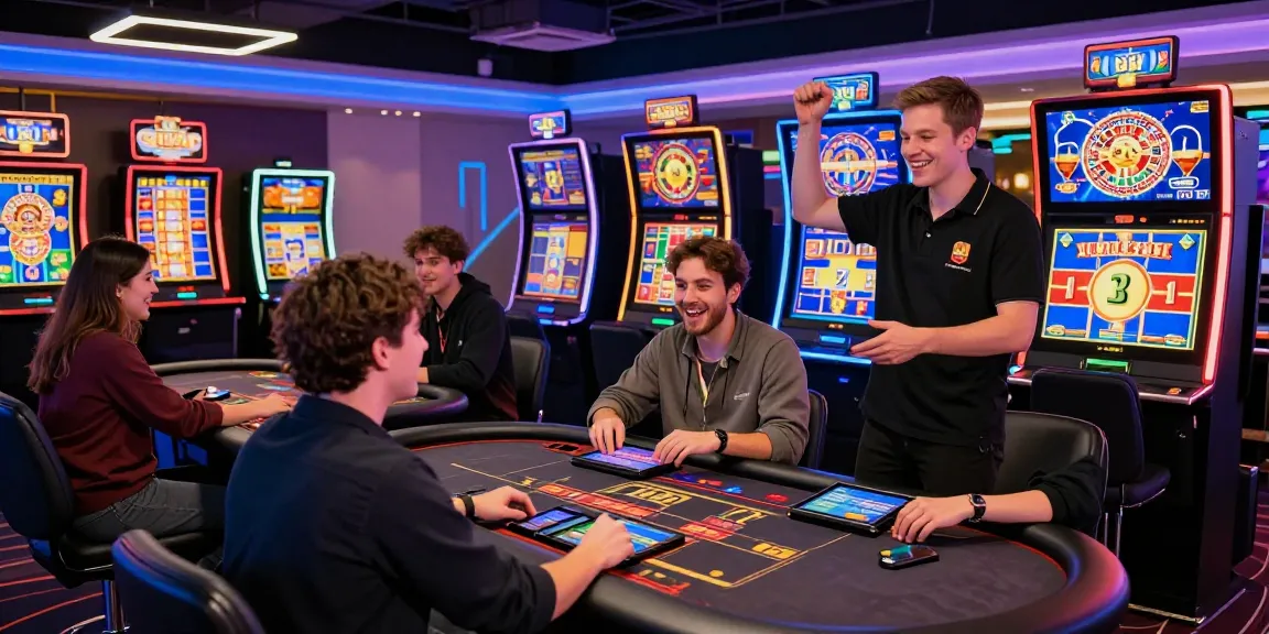 Exciting atmosphere of new online casinos UK with players winning at slots and live dealer tables.