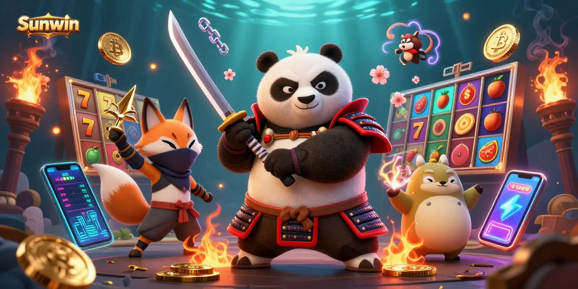 Experience the exciting world of Sunwin with a fierce samurai panda, ninja fox, and tanuki in a vibrant casino scene.