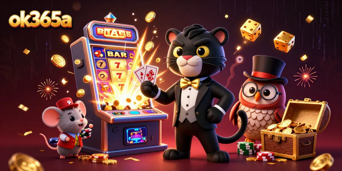 Experience the thrill of gambling at ok365a with vibrant characters and a dynamic casino scene featuring cards and chips.
