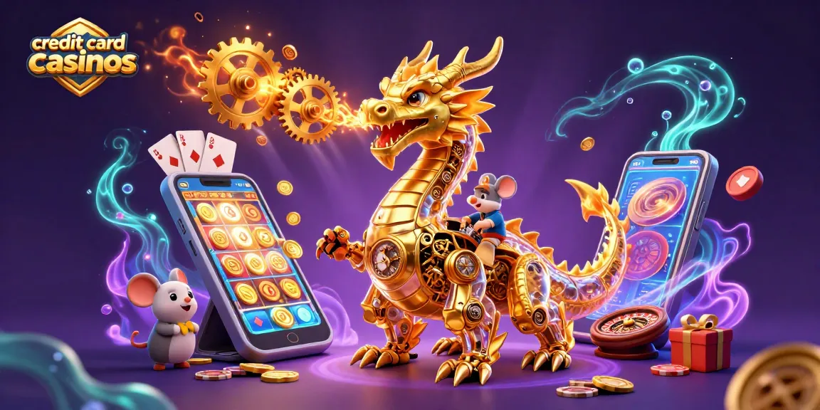 Engage with credit card casinos featuring a golden dragon, mouse engineer, and vibrant gambling elements.