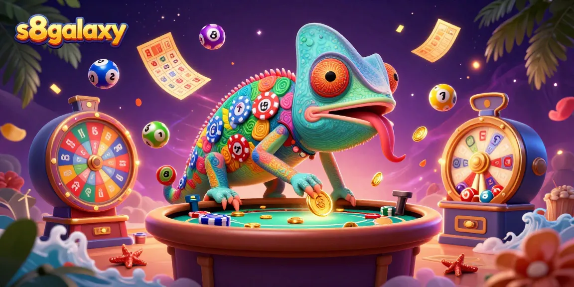 Experience vibrant fun at s8galaxy with colorful lottery balls and an energetic chameleon casino owner in action.