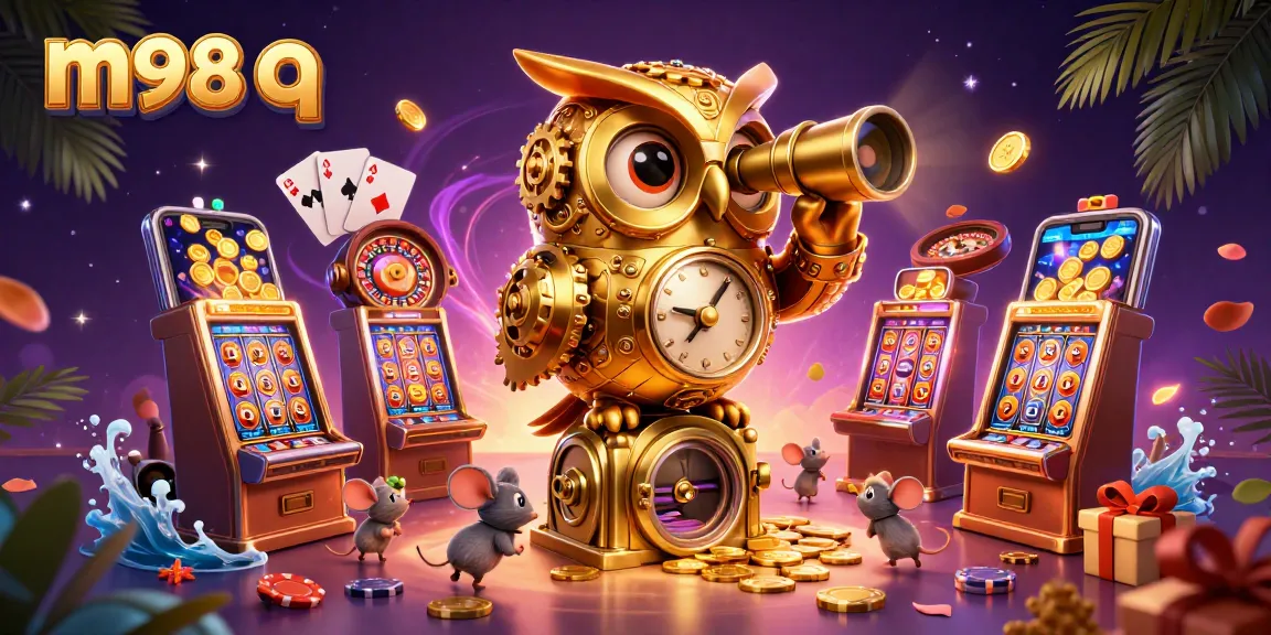 Engage in thrilling gameplay at m98 q casino, with a golden owl and vibrant slot games.