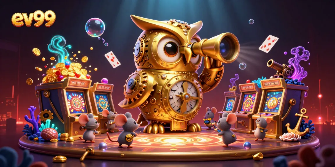 Engage with ev99's vibrant casino atmosphere featuring playful characters and dynamic gaming elements.
