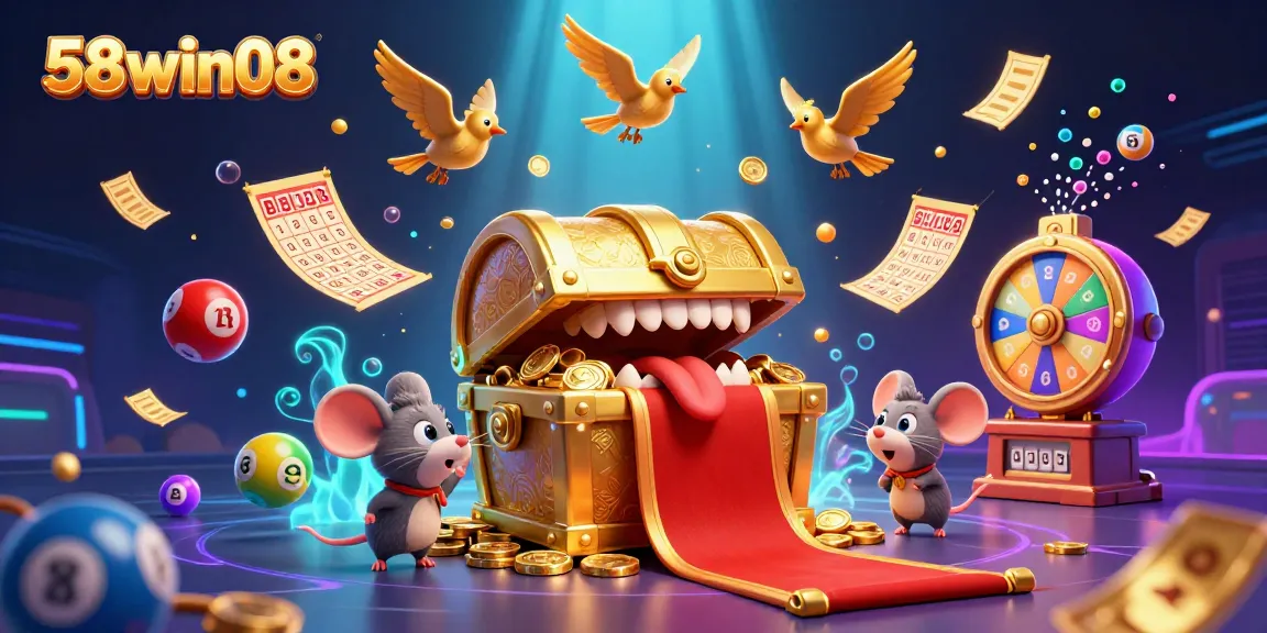 Experience the thrill of winning at 58win08 with colorful lottery balls and golden treasure in a vibrant 3D scene.