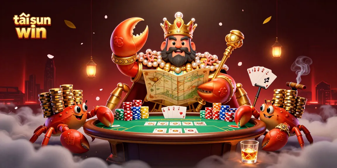 Engage in thrilling gameplay at tải sun win with a vivid casino scene featuring a golden crab emperor among vibrant poker elements.