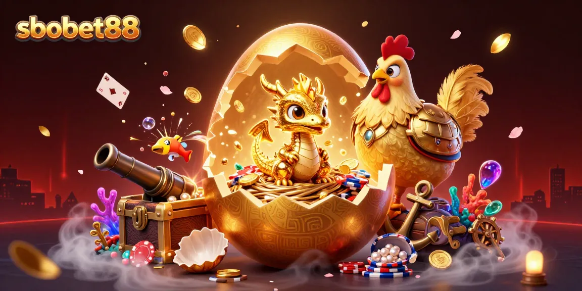 Engage with sbobet88 through this vibrant illustration showcasing golden gaming elements amid a lively casino scene.