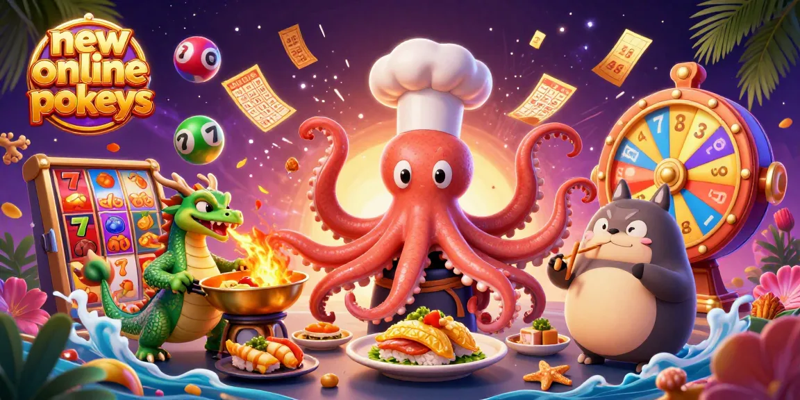 Spin new online pokies with a lively octopus chef, dragon, and tanuki amidst colorful game elements.
