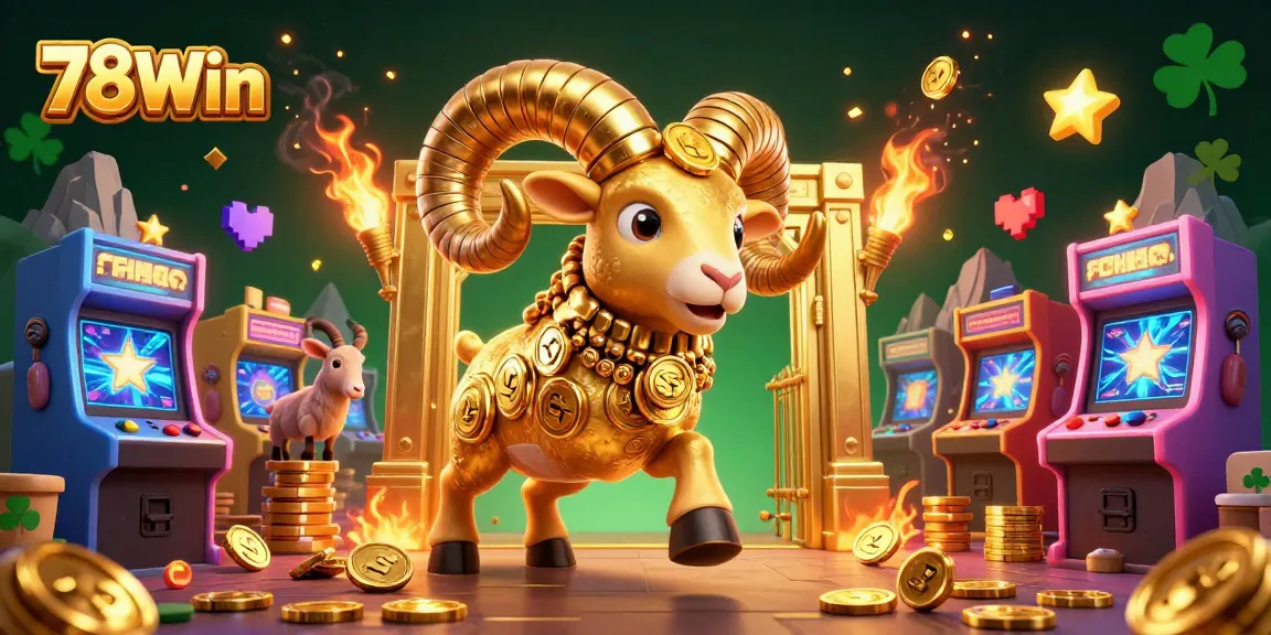Experience thrilling 78Win casino action with colorful arcade elements and a golden charging ram.