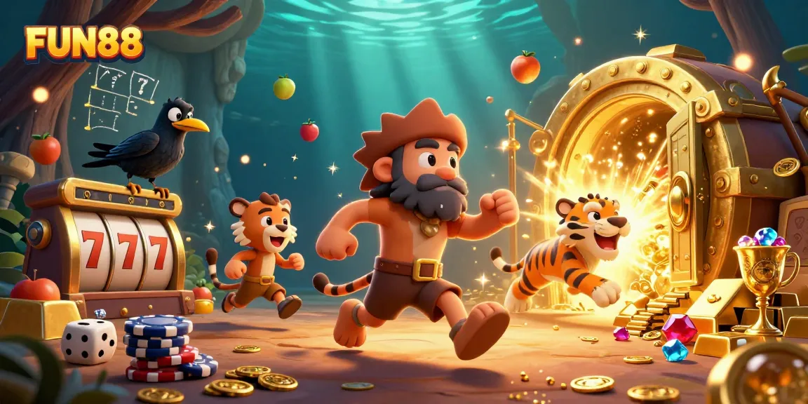 Experience FUN88's thrill with cavemen and a sabertooth tiger running a vibrant casino full of treasures.
